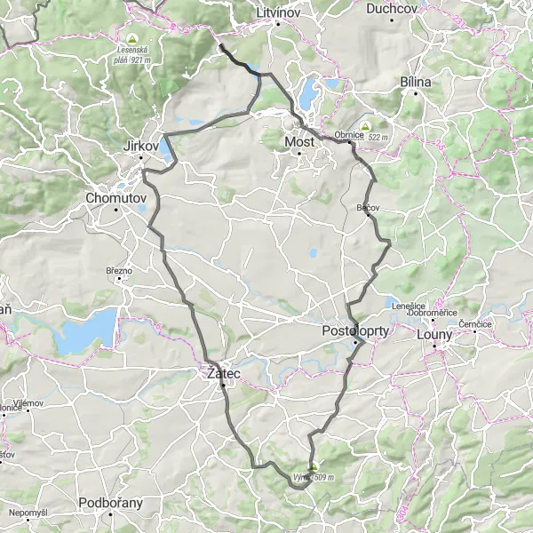 Mapa miniatúra "Cestná Trasa Široký vrch - Komořany" cyklistická inšpirácia v Severozápad, Czech Republic. Vygenerované cyklistickým plánovačom trás Tarmacs.app