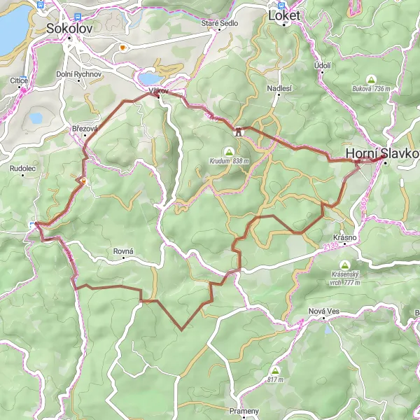 Map miniature of "The Kostelní Bříza Gravel Excursion" cycling inspiration in Severozápad, Czech Republic. Generated by Tarmacs.app cycling route planner