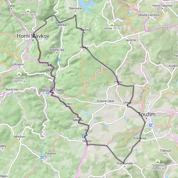 Map miniature of "Horní Slavkov - Dražov - Útvina - Brť - Bečov nad Teplou Loop" cycling inspiration in Severozápad, Czech Republic. Generated by Tarmacs.app cycling route planner