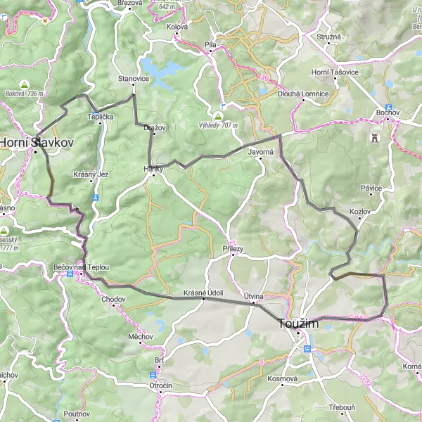 Mapa miniatúra "Okruh Kojšovice - Krásné Údolí" cyklistická inšpirácia v Severozápad, Czech Republic. Vygenerované cyklistickým plánovačom trás Tarmacs.app