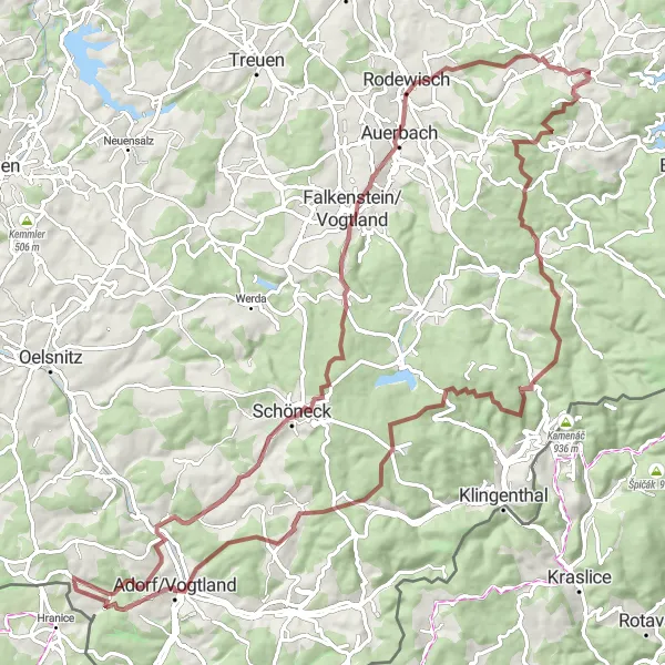 Mapa miniatúra "Challenging gravel route through scenic villages near Hranice" cyklistická inšpirácia v Severozápad, Czech Republic. Vygenerované cyklistickým plánovačom trás Tarmacs.app