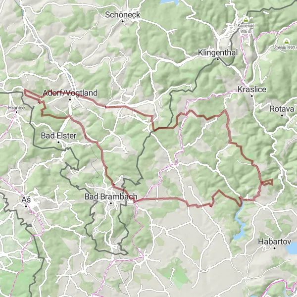 Mapa miniatúra "Expedícia okolo Hranice" cyklistická inšpirácia v Severozápad, Czech Republic. Vygenerované cyklistickým plánovačom trás Tarmacs.app
