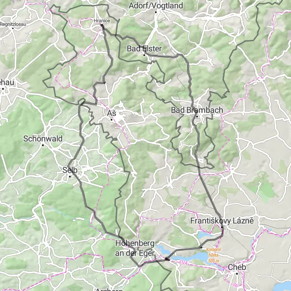 Map miniature of "Round-trip road cycling route near Hranice" cycling inspiration in Severozápad, Czech Republic. Generated by Tarmacs.app cycling route planner