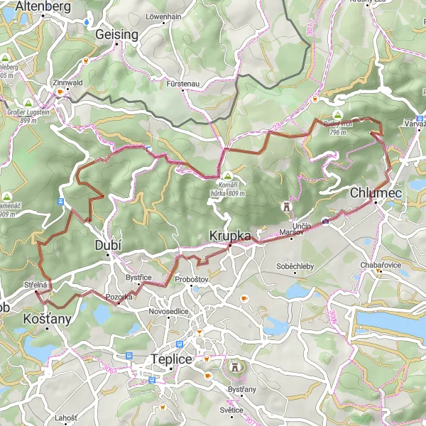 Karten-Miniaturansicht der Radinspiration "Krupka und Umgebung" in Severozápad, Czech Republic. Erstellt vom Tarmacs.app-Routenplaner für Radtouren