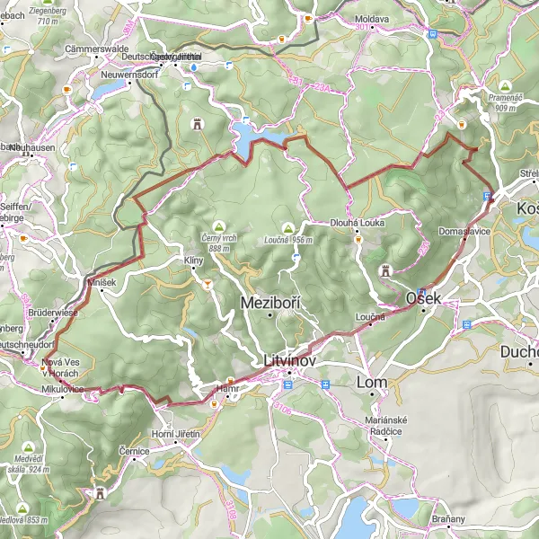 Map miniature of "Kopřivník and Nové Město Gravel Loop" cycling inspiration in Severozápad, Czech Republic. Generated by Tarmacs.app cycling route planner