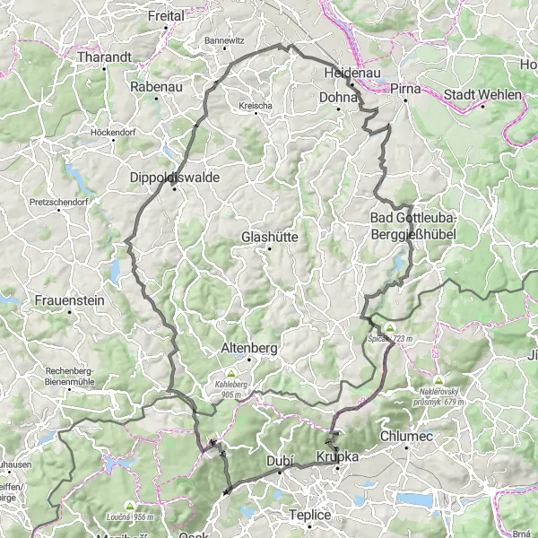 Map miniature of "Krušné hory – Hennersdorf – Hrad Krupka" cycling inspiration in Severozápad, Czech Republic. Generated by Tarmacs.app cycling route planner