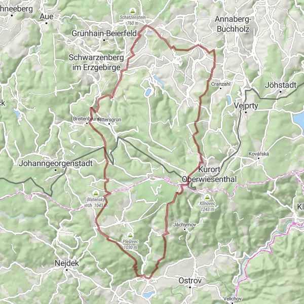 Miniaturní mapa "Gravel cyklotrasa Hroznětín - Fichtelberg" inspirace pro cyklisty v oblasti Severozápad, Czech Republic. Vytvořeno pomocí plánovače tras Tarmacs.app