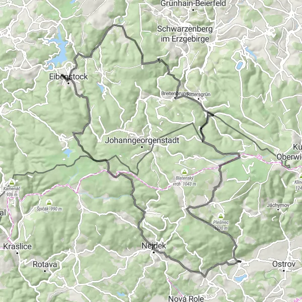 Map miniature of "Discovering the Treasures of the Ore Mountains" cycling inspiration in Severozápad, Czech Republic. Generated by Tarmacs.app cycling route planner