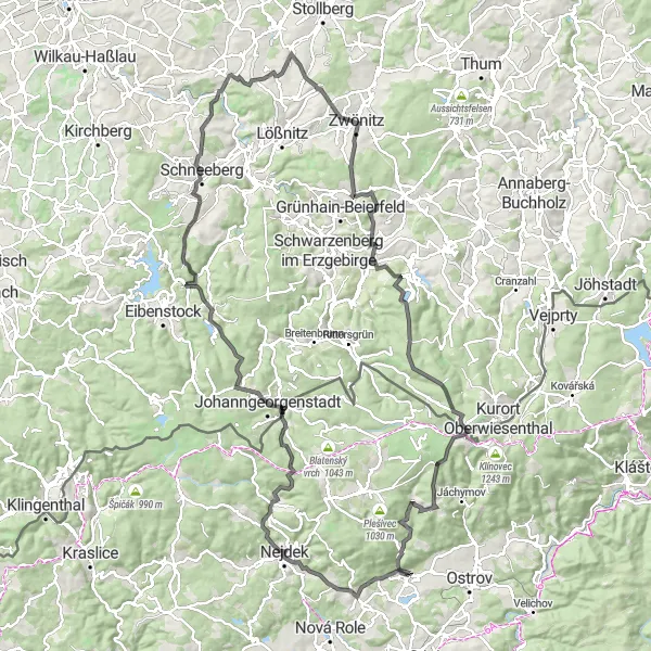 Map miniature of "The Ore Mountains and Beyond" cycling inspiration in Severozápad, Czech Republic. Generated by Tarmacs.app cycling route planner