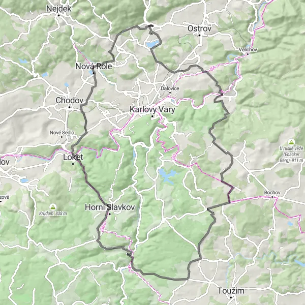 Mapa miniatúra "Cyklotrasa Hroznětín - Nová Role - Hroznětín" cyklistická inšpirácia v Severozápad, Czech Republic. Vygenerované cyklistickým plánovačom trás Tarmacs.app