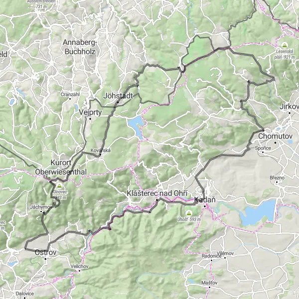 Miniaturní mapa "Kolem hor Klínovec a Černovice" inspirace pro cyklisty v oblasti Severozápad, Czech Republic. Vytvořeno pomocí plánovače tras Tarmacs.app