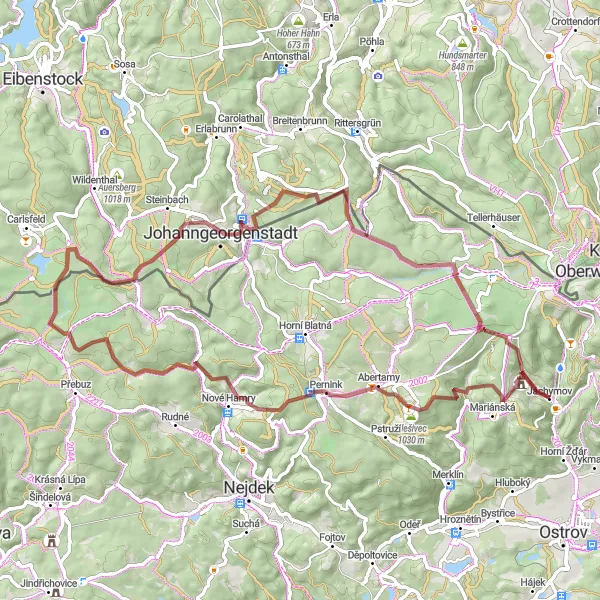 Map miniature of "Explore the Gems of the Ore Mountains by Gravel Bike" cycling inspiration in Severozápad, Czech Republic. Generated by Tarmacs.app cycling route planner