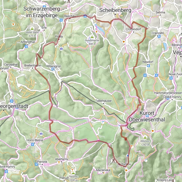 Karten-Miniaturansicht der Radinspiration "Abenteuerliches Gravel-Biking rund um Jáchymov" in Severozápad, Czech Republic. Erstellt vom Tarmacs.app-Routenplaner für Radtouren