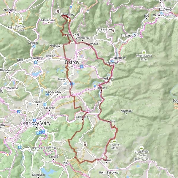 Map miniature of "Květnová- Jáchymov Loop" cycling inspiration in Severozápad, Czech Republic. Generated by Tarmacs.app cycling route planner