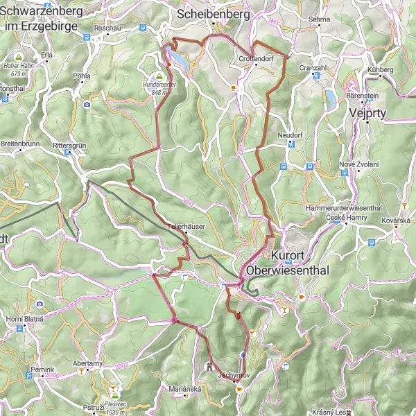 Map miniature of "Jáchymov Gravel Adventure" cycling inspiration in Severozápad, Czech Republic. Generated by Tarmacs.app cycling route planner