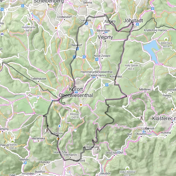 Karten-Miniaturansicht der Radinspiration "Historische Besonderheiten auf dem Radweg um Jáchymov" in Severozápad, Czech Republic. Erstellt vom Tarmacs.app-Routenplaner für Radtouren