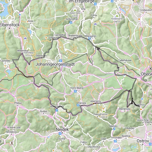 Map miniature of "Jáchymov Hill Cycling Tour" cycling inspiration in Severozápad, Czech Republic. Generated by Tarmacs.app cycling route planner