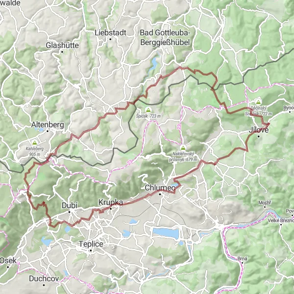 Mapa miniatúra "Gravel Výrovna Čermná Francouzský pomník Hrad Krupka Mstišov Vlčí kámen Cinovec Löwenhain Oelsen Zeisigstein Doga Sněžník" cyklistická inšpirácia v Severozápad, Czech Republic. Vygenerované cyklistickým plánovačom trás Tarmacs.app