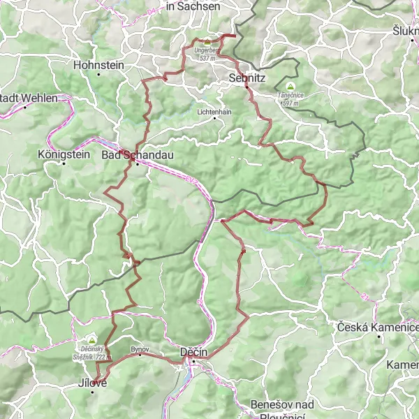 Miniaturní mapa "Cyklistická trasa Čížčí vrch - Dolní Oldřichov" inspirace pro cyklisty v oblasti Severozápad, Czech Republic. Vytvořeno pomocí plánovače tras Tarmacs.app