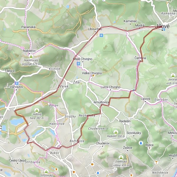 Map miniature of "Jílové Gravel Round-Trip" cycling inspiration in Severozápad, Czech Republic. Generated by Tarmacs.app cycling route planner