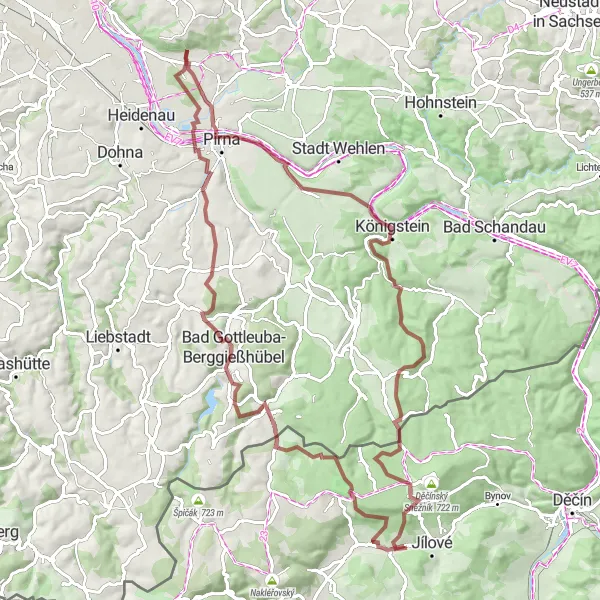 Map miniature of "Jílové Gravel Adventure" cycling inspiration in Severozápad, Czech Republic. Generated by Tarmacs.app cycling route planner