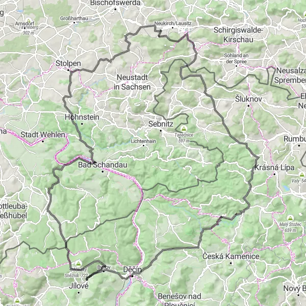 Miniaturní mapa "Cyklistická trasa Písečný vrch - Rynartice" inspirace pro cyklisty v oblasti Severozápad, Czech Republic. Vytvořeno pomocí plánovače tras Tarmacs.app