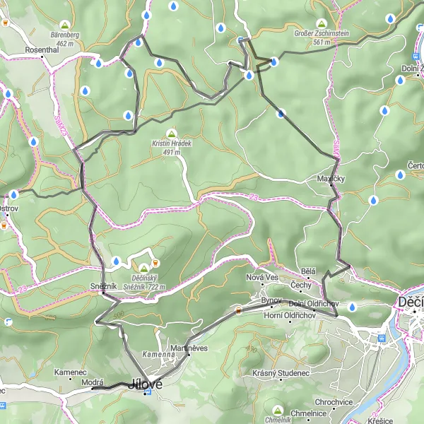 Miniaturní mapa "Jílové a okolí - Road cycling route" inspirace pro cyklisty v oblasti Severozápad, Czech Republic. Vytvořeno pomocí plánovače tras Tarmacs.app