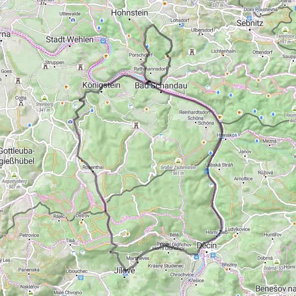 Mapa miniatúra "Road route cez krajinnú rozmanitosť" cyklistická inšpirácia v Severozápad, Czech Republic. Vygenerované cyklistickým plánovačom trás Tarmacs.app