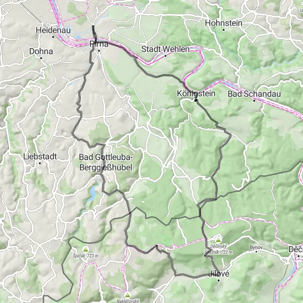 Miniaturní mapa "Okolím Jílového - Road cycling route" inspirace pro cyklisty v oblasti Severozápad, Czech Republic. Vytvořeno pomocí plánovače tras Tarmacs.app