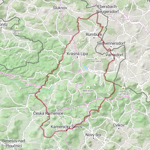 Mapa miniatúra "Přírodní krásy okolo Varnsdorfu - gravel" cyklistická inšpirácia v Severozápad, Czech Republic. Vygenerované cyklistickým plánovačom trás Tarmacs.app