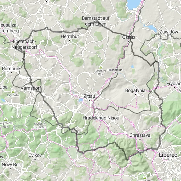 Miniaturní mapa "Kolem Ebersbachu a Starého Jiříkova" inspirace pro cyklisty v oblasti Severozápad, Czech Republic. Vytvořeno pomocí plánovače tras Tarmacs.app