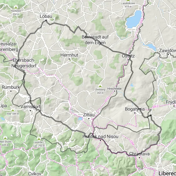 Miniaturní mapa "Okružní cyklistická trasa z Jiříkova" inspirace pro cyklisty v oblasti Severozápad, Czech Republic. Vytvořeno pomocí plánovače tras Tarmacs.app