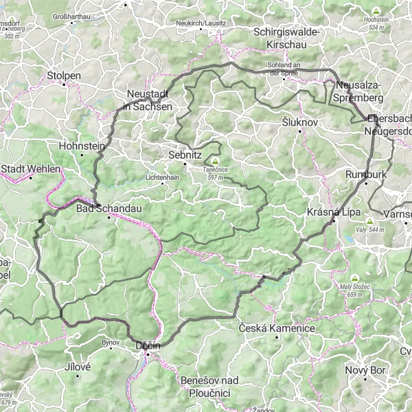 Map miniature of "Jiříkov to Rosenthal Loop" cycling inspiration in Severozápad, Czech Republic. Generated by Tarmacs.app cycling route planner