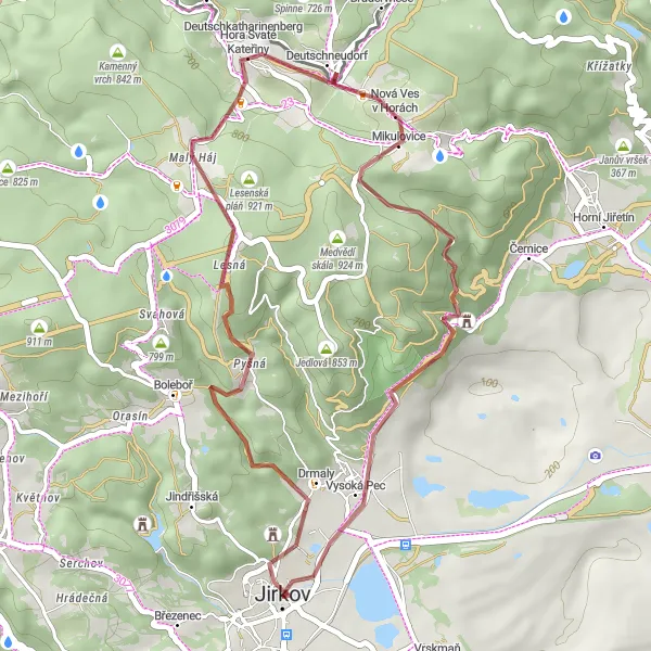 Map miniature of "Through the Hills of Jirkov" cycling inspiration in Severozápad, Czech Republic. Generated by Tarmacs.app cycling route planner