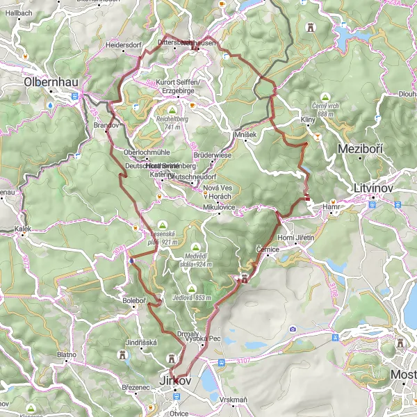 Miniaturní mapa "Gravel Route around Jirkov" inspirace pro cyklisty v oblasti Severozápad, Czech Republic. Vytvořeno pomocí plánovače tras Tarmacs.app