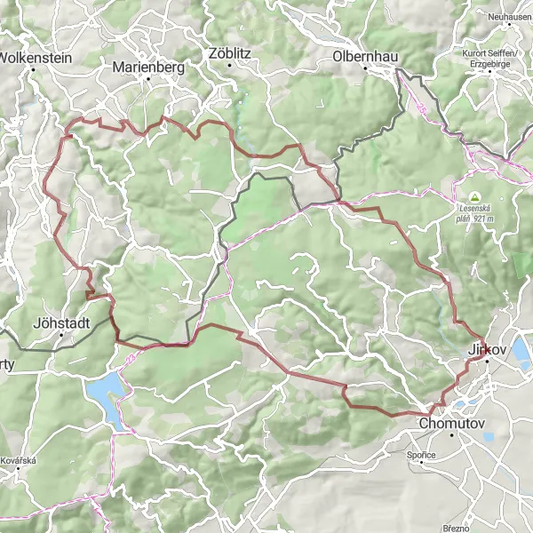 Mapa miniatúra "Gravel Klenovec okruh" cyklistická inšpirácia v Severozápad, Czech Republic. Vygenerované cyklistickým plánovačom trás Tarmacs.app