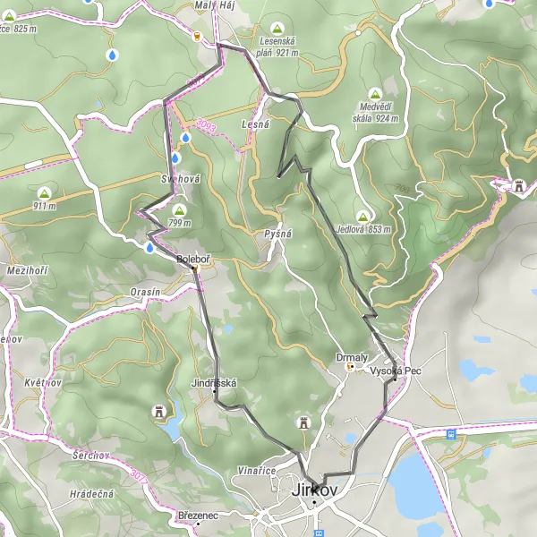 Mapa miniatúra "Road Jindřišská okruh" cyklistická inšpirácia v Severozápad, Czech Republic. Vygenerované cyklistickým plánovačom trás Tarmacs.app