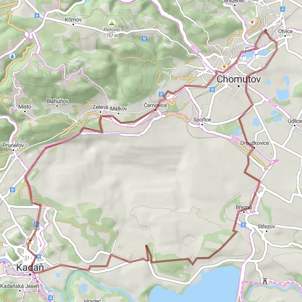 Miniaturní mapa "Gravelová výzva Kadaňsko" inspirace pro cyklisty v oblasti Severozápad, Czech Republic. Vytvořeno pomocí plánovače tras Tarmacs.app