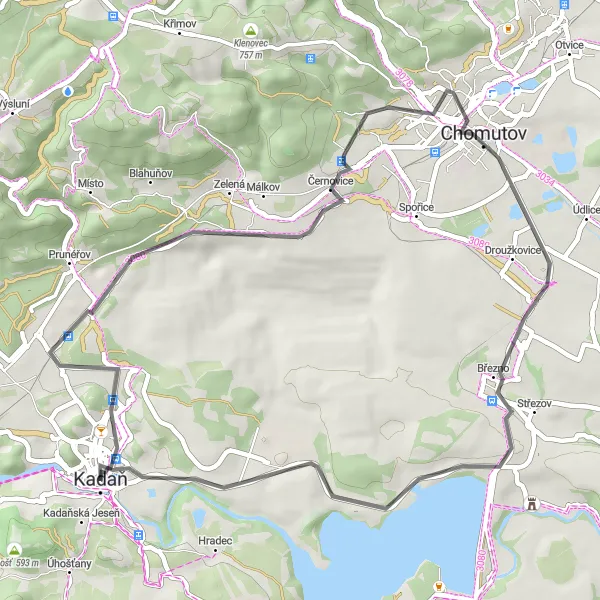 Map miniature of "Road Cycling Delights near Kadaň" cycling inspiration in Severozápad, Czech Republic. Generated by Tarmacs.app cycling route planner