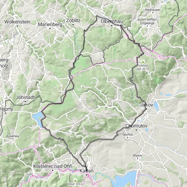 Miniaturní mapa "Okruh kolem Kadaně a Svatého vrchu" inspirace pro cyklisty v oblasti Severozápad, Czech Republic. Vytvořeno pomocí plánovače tras Tarmacs.app