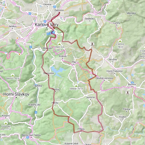 Miniaturní mapa "Gravelový lesní okruh kolem Karlových Varů" inspirace pro cyklisty v oblasti Severozápad, Czech Republic. Vytvořeno pomocí plánovače tras Tarmacs.app