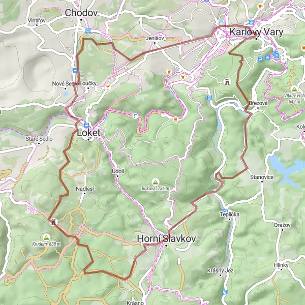 Map miniature of "Karlovy Vary - Krudum Gravel Adventure" cycling inspiration in Severozápad, Czech Republic. Generated by Tarmacs.app cycling route planner