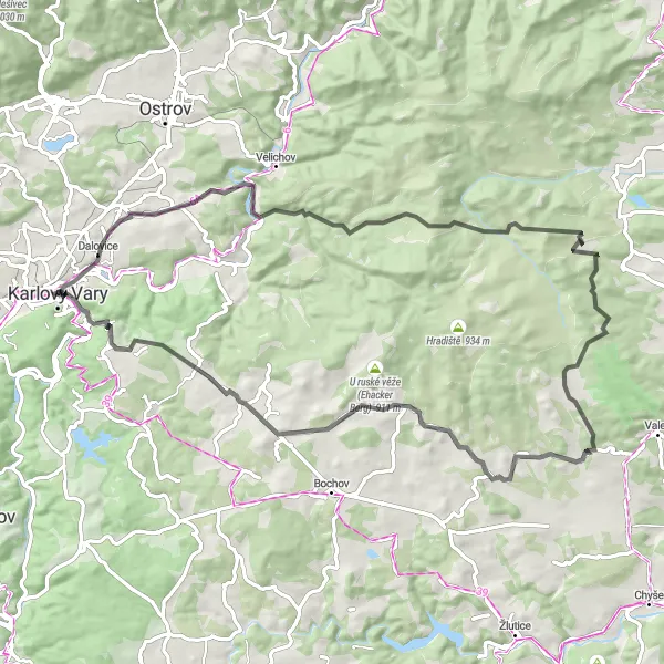 Map miniature of "Karlovy Vary - Doupov Loop" cycling inspiration in Severozápad, Czech Republic. Generated by Tarmacs.app cycling route planner