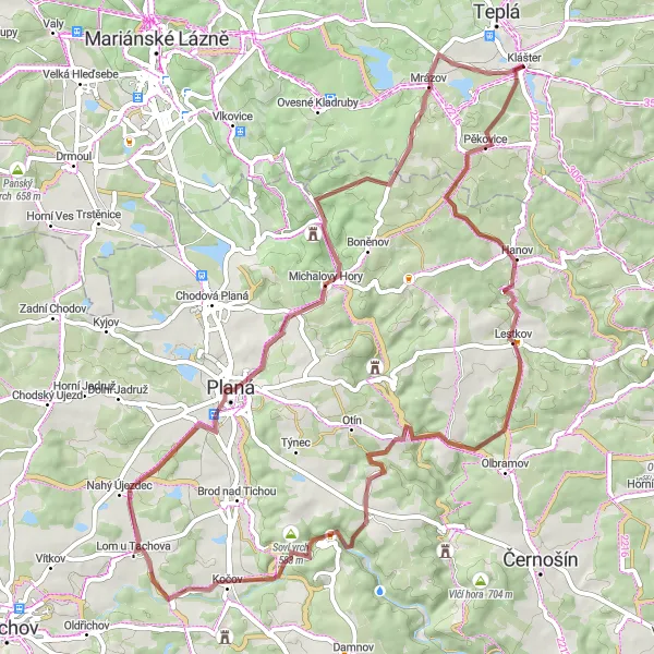 Map miniature of "Gravel Adventure: Pěkovice to Mrázov" cycling inspiration in Severozápad, Czech Republic. Generated by Tarmacs.app cycling route planner