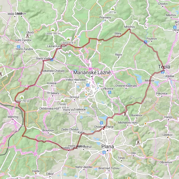 Miniatura mapy "Przejażdżka gravelowa do Mnichova" - trasy rowerowej w Severozápad, Czech Republic. Wygenerowane przez planer tras rowerowych Tarmacs.app