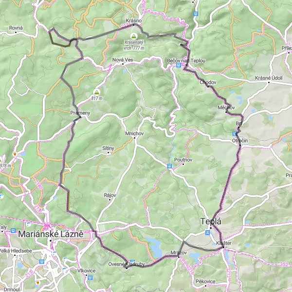 Map miniature of "Panoramic Views: Ovesné Kladruby to Klášter" cycling inspiration in Severozápad, Czech Republic. Generated by Tarmacs.app cycling route planner