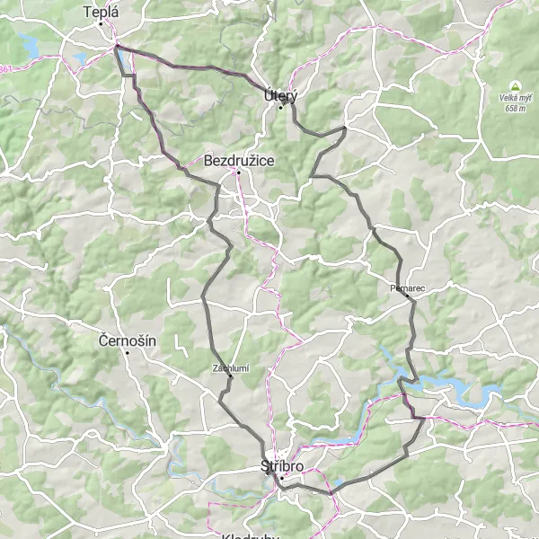 Miniatura mapy "Pełna wyzwań trasa szosowa w okolicy Klášter" - trasy rowerowej w Severozápad, Czech Republic. Wygenerowane przez planer tras rowerowych Tarmacs.app