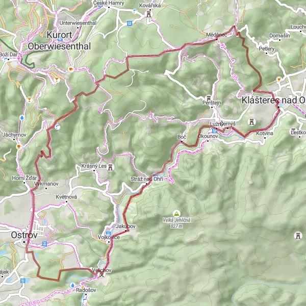 Map miniature of "Off-Road Adventure: Klášterec nad Ohří - Měděnec" cycling inspiration in Severozápad, Czech Republic. Generated by Tarmacs.app cycling route planner