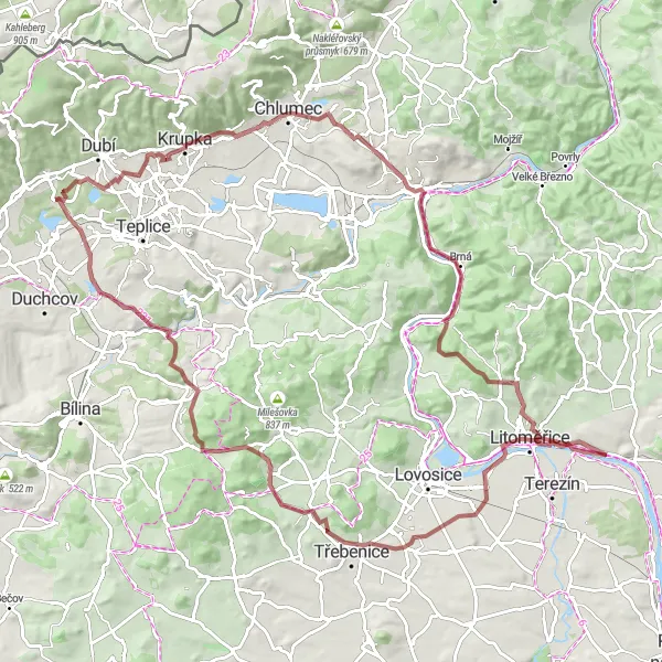 Map miniature of "Pozorka and Litoměřice Gravel Adventure" cycling inspiration in Severozápad, Czech Republic. Generated by Tarmacs.app cycling route planner