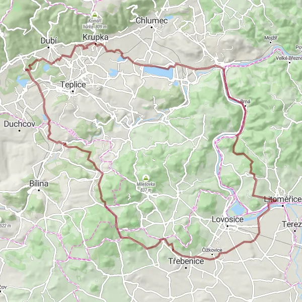 Miniaturní mapa "Gravel kolem Severozápadního Košťany" inspirace pro cyklisty v oblasti Severozápad, Czech Republic. Vytvořeno pomocí plánovače tras Tarmacs.app